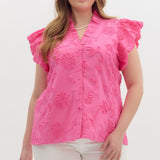 floral appliqué bubble flutter sleeve top