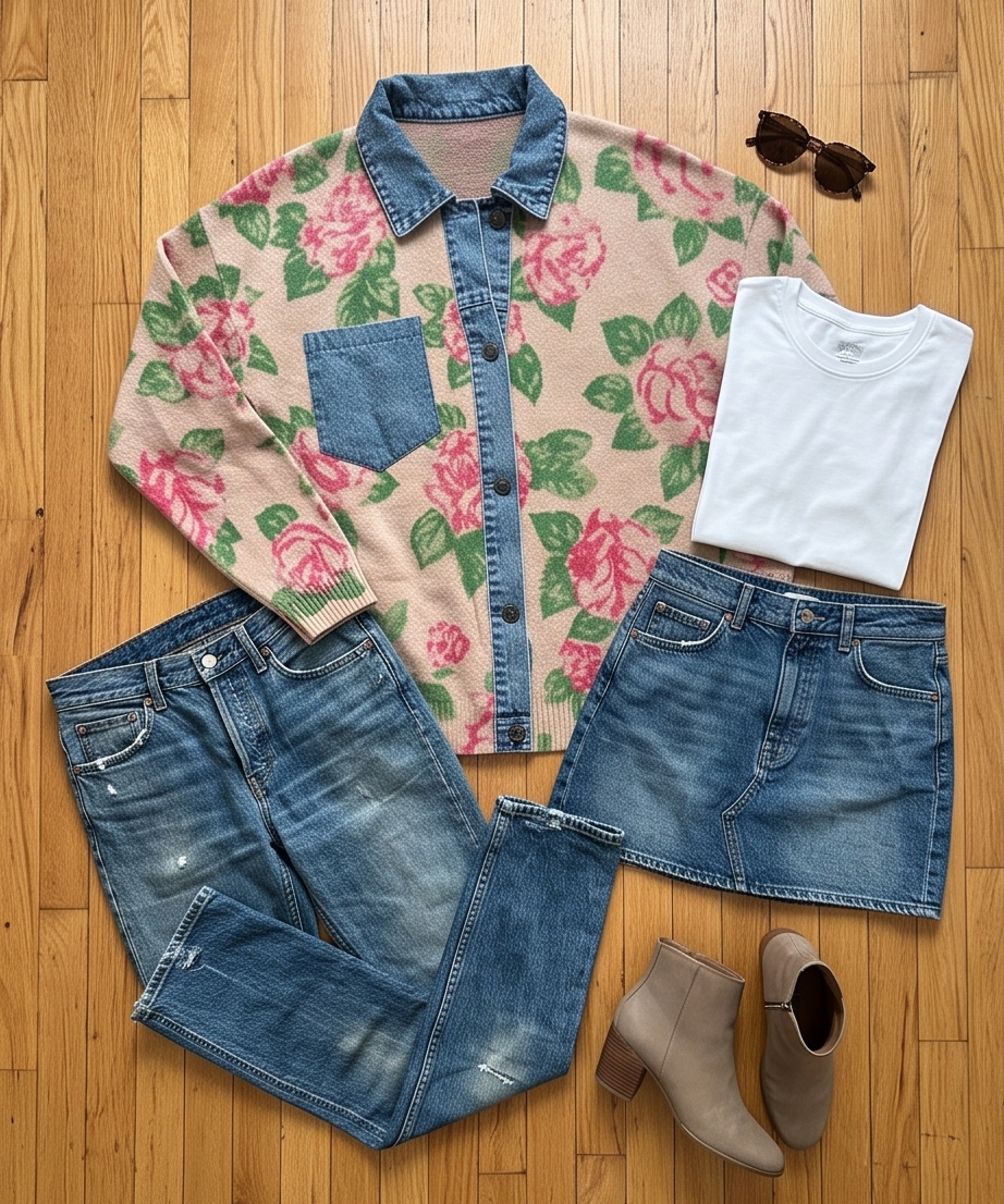 Flower and Denim Cardigan