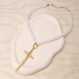 Hammered Cross Pendant Pearl Necklace