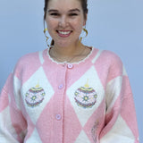 Pink White Argyle Ornament Cardigan