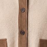 Suede Trim Mock Neck Button-Down Sweater Jacket