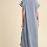Blue midi dress with open collared neck