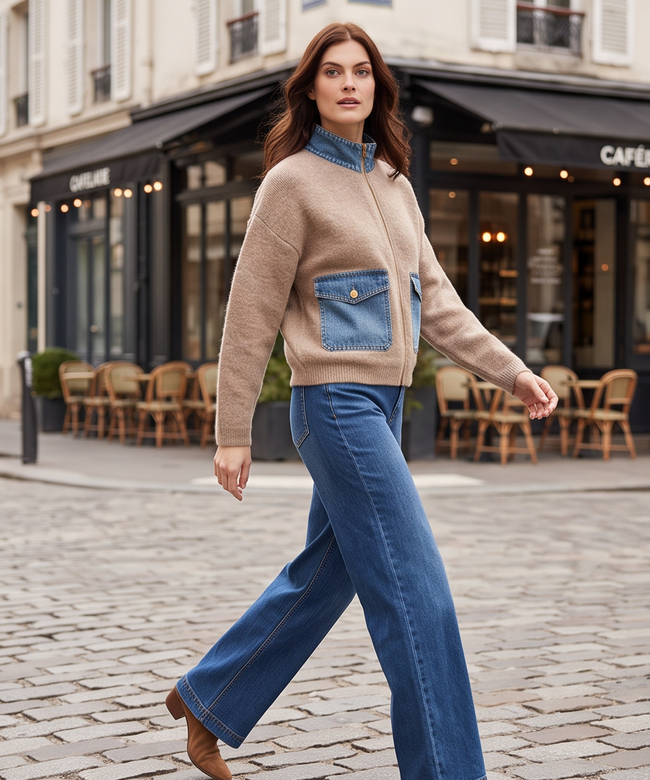 Knit Denim Trim Zip Sweater