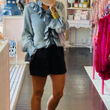 Denim Ruffled  Button Down Long Sleeve Top