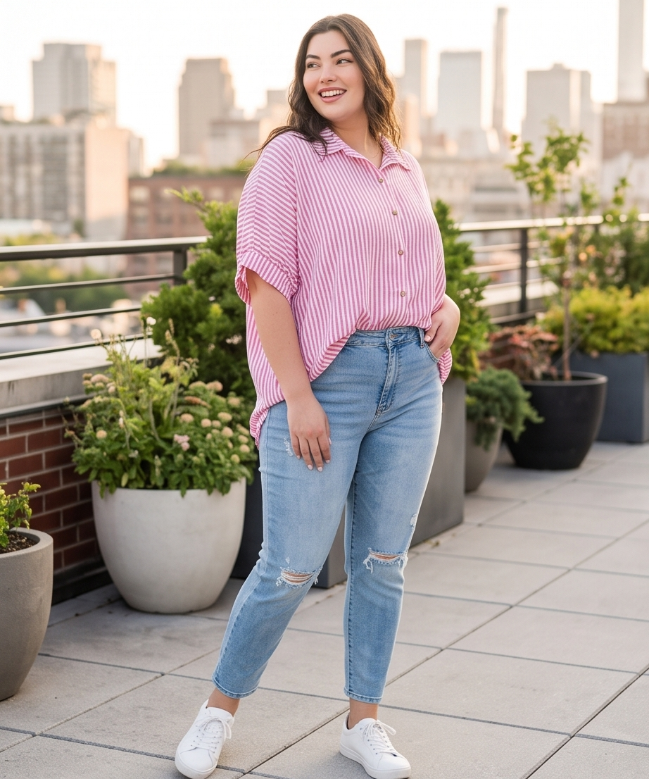 Curvy Oversized Striped Short Sleeve Button Up