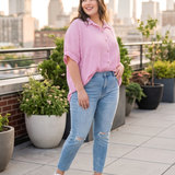 Curvy Oversized Striped Short Sleeve Button Up