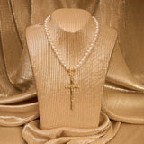 Hammered Cross Pendant Pearl Necklace