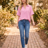 Bubblegum Pink Woven Airflow Collared V-Neck