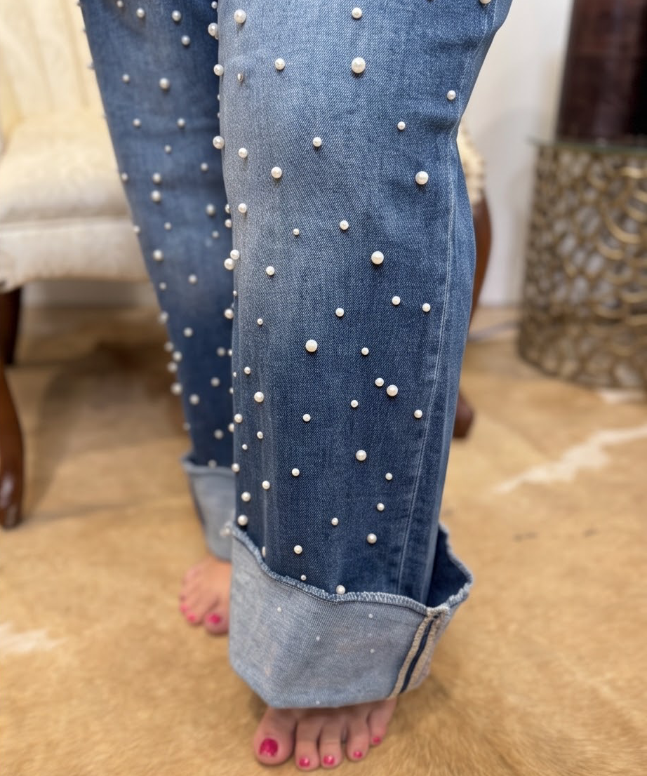 Dark Washed Pearl and Rhinestone jeans