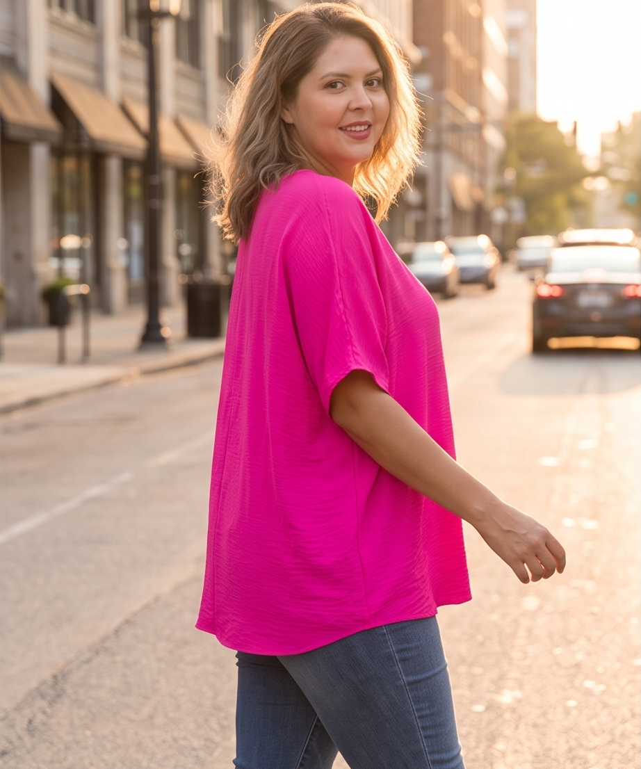 Hot Pink Curvy V Neck Top