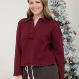 EXPOSED SEAM LONG SLEEVE TEXTURED KNIT POLO