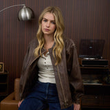 COLLARED ZIP-UP WASHED FAUX LEATHER JACKET