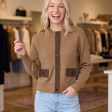 Suede Trim Mock Neck Button-Down Sweater Jacket