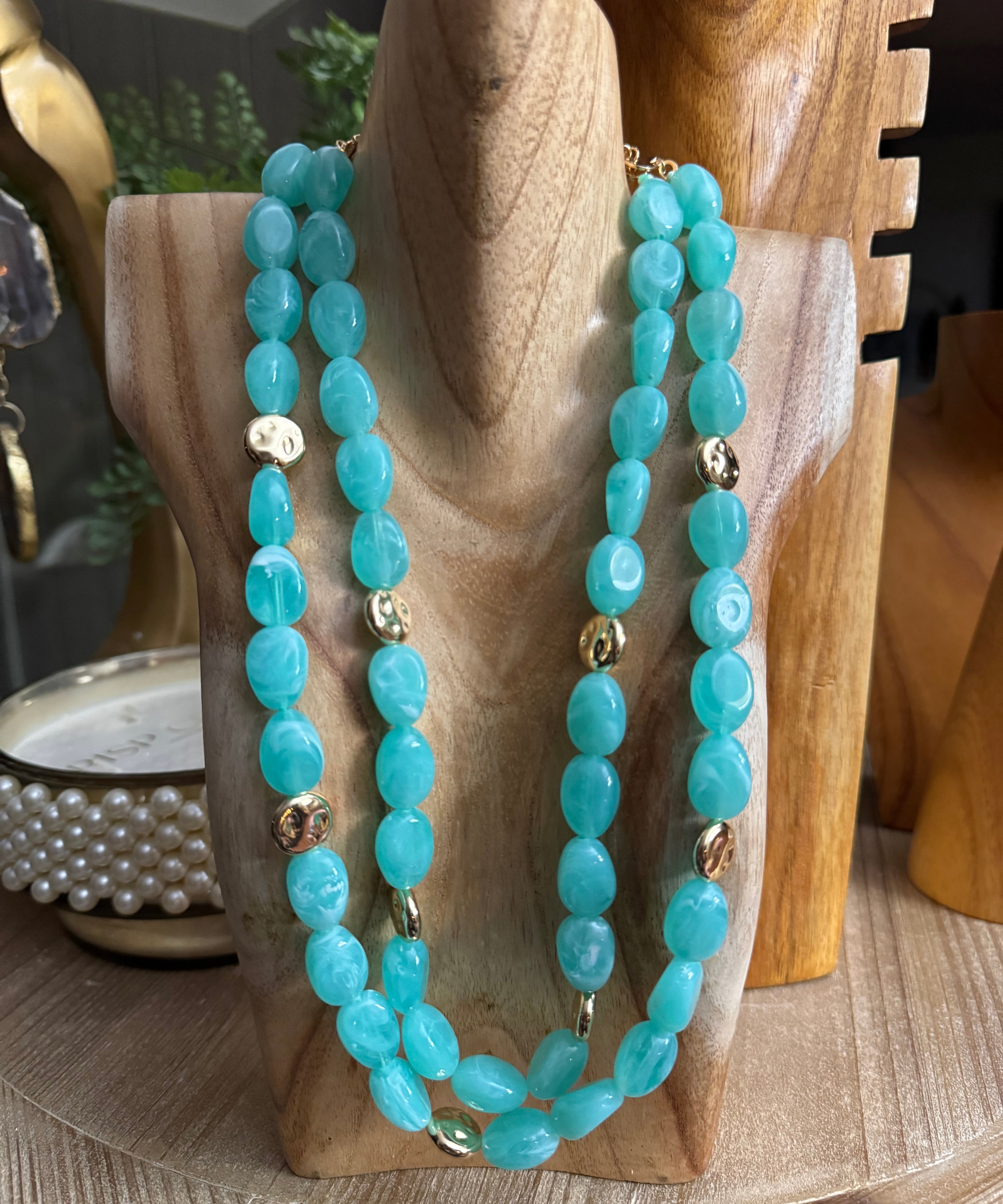 Double-Strand Turquoise & Gold Bead Necklace