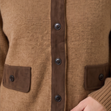 Suede Trim Mock Neck Button-Down Sweater Jacket
