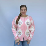 Pink White Argyle Ornament Cardigan