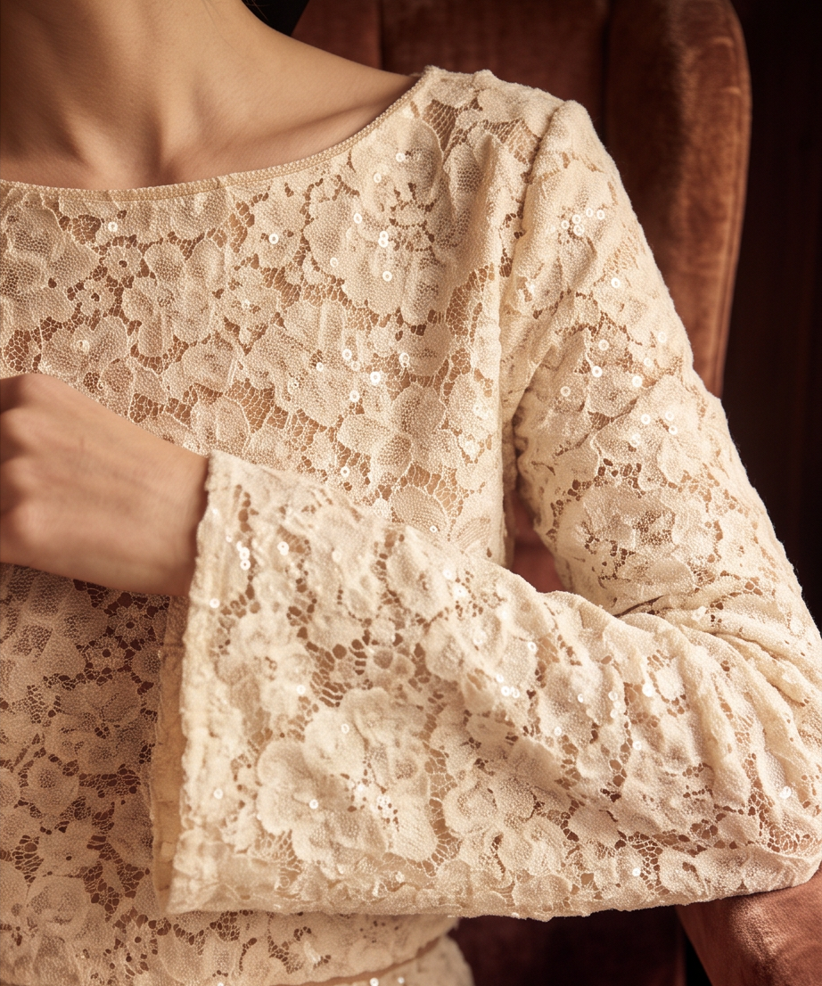 Sequin Lace Cropped Bell Sleeve Top