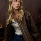 COLLARED ZIP-UP WASHED FAUX LEATHER JACKET