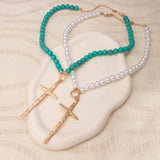 Hammered Cross Pendant Pearl Necklace