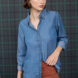 CHAMBRAY COLLARED 3/4 TAB SLEEVE BUTTON DOWN SHIRT