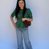 Pleated short sleeve flared hem top