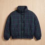 Plaid Snap Front Mock Neck Puffer Jacket