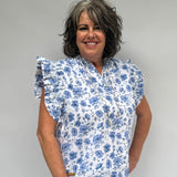 blue and white floral blouse