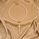 Hammered Cross Pendant Pearl Necklace