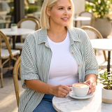 Curvy Oversized Striped Short Sleeve Button Up