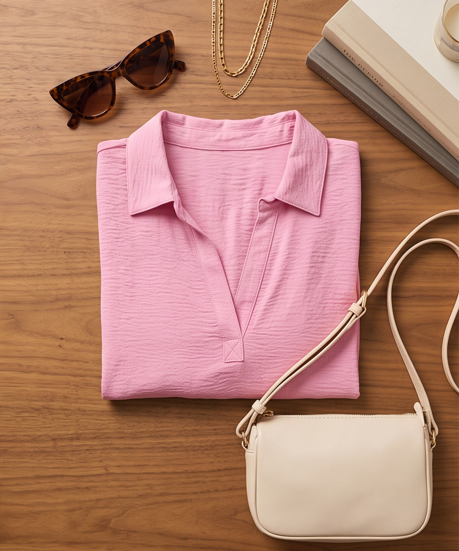 Bubblegum Pink Woven Airflow Collared V-Neck