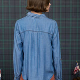 CHAMBRAY COLLARED 3/4 TAB SLEEVE BUTTON DOWN SHIRT