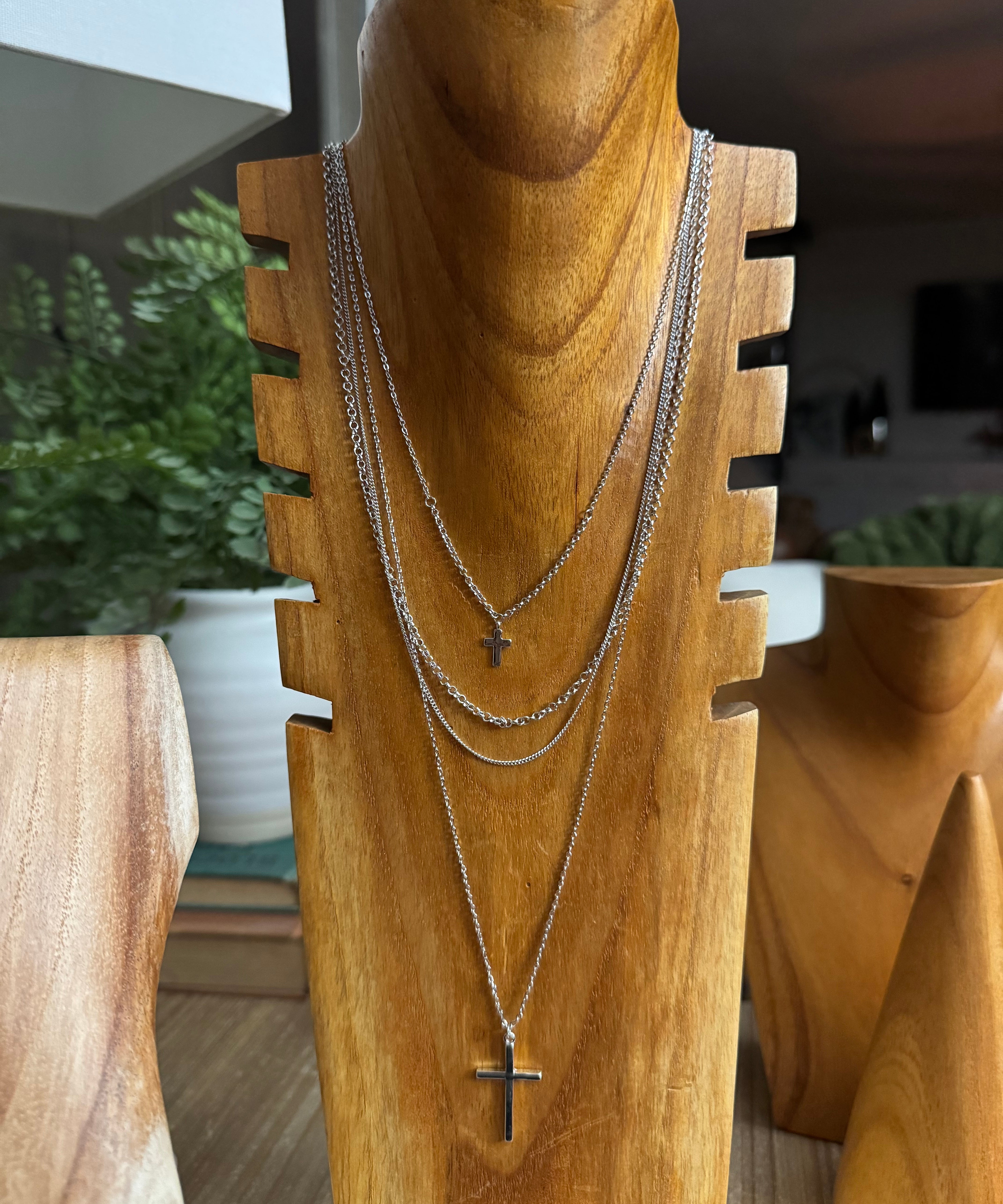 Silver Multi Strand Long Cross Necklace
