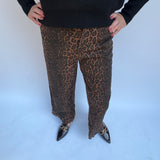 Leopard pants with floral embroidered hem