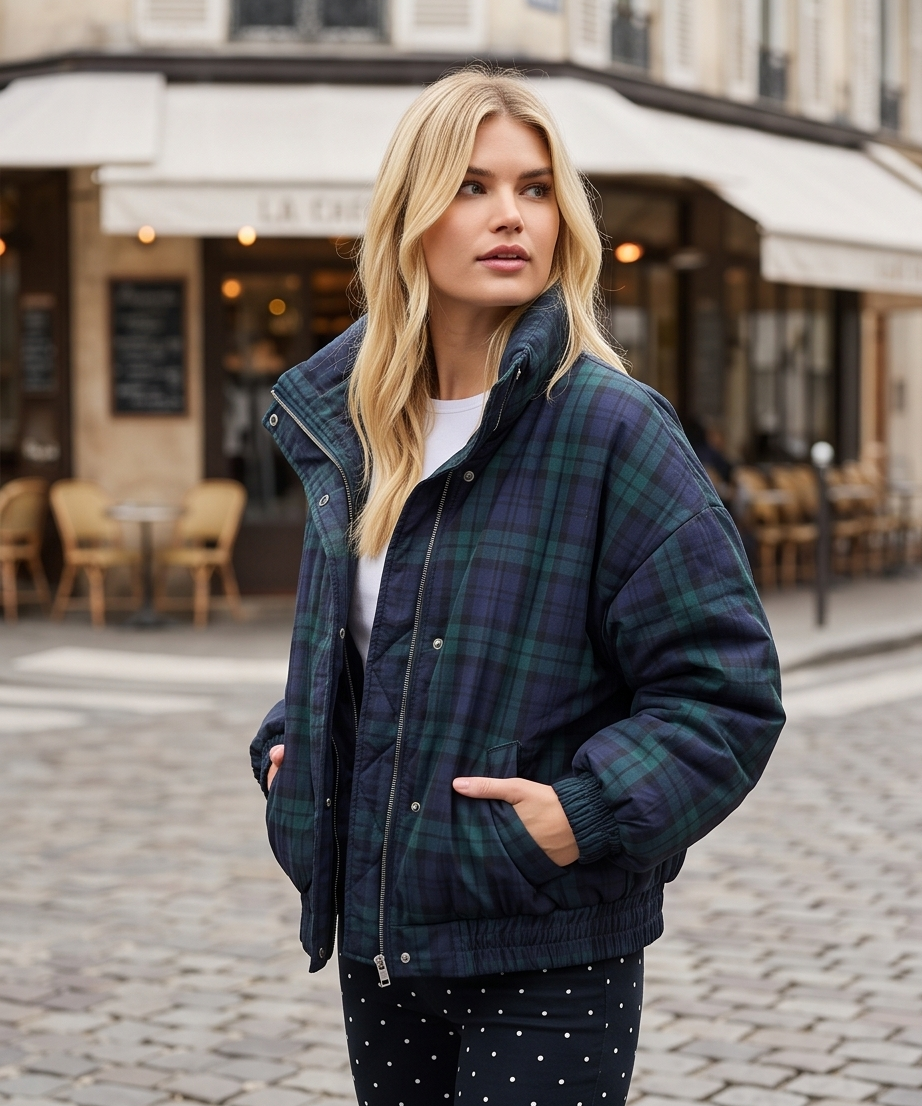 Plaid Snap Front Mock Neck Puffer Jacket