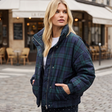 Plaid Snap Front Mock Neck Puffer Jacket