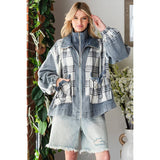 WASHED DENIM PLAID MIXED LAYERED ZIP UP JACKET