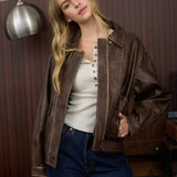 COLLARED ZIP-UP WASHED FAUX LEATHER JACKET