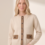 Suede Trim Mock Neck Button-Down Sweater Jacket