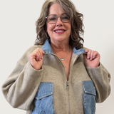 Knit Denim Trim Zip Sweater