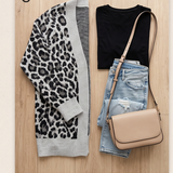 Leopard Jacquard Balloon Sleeve Open-Front Cardigan