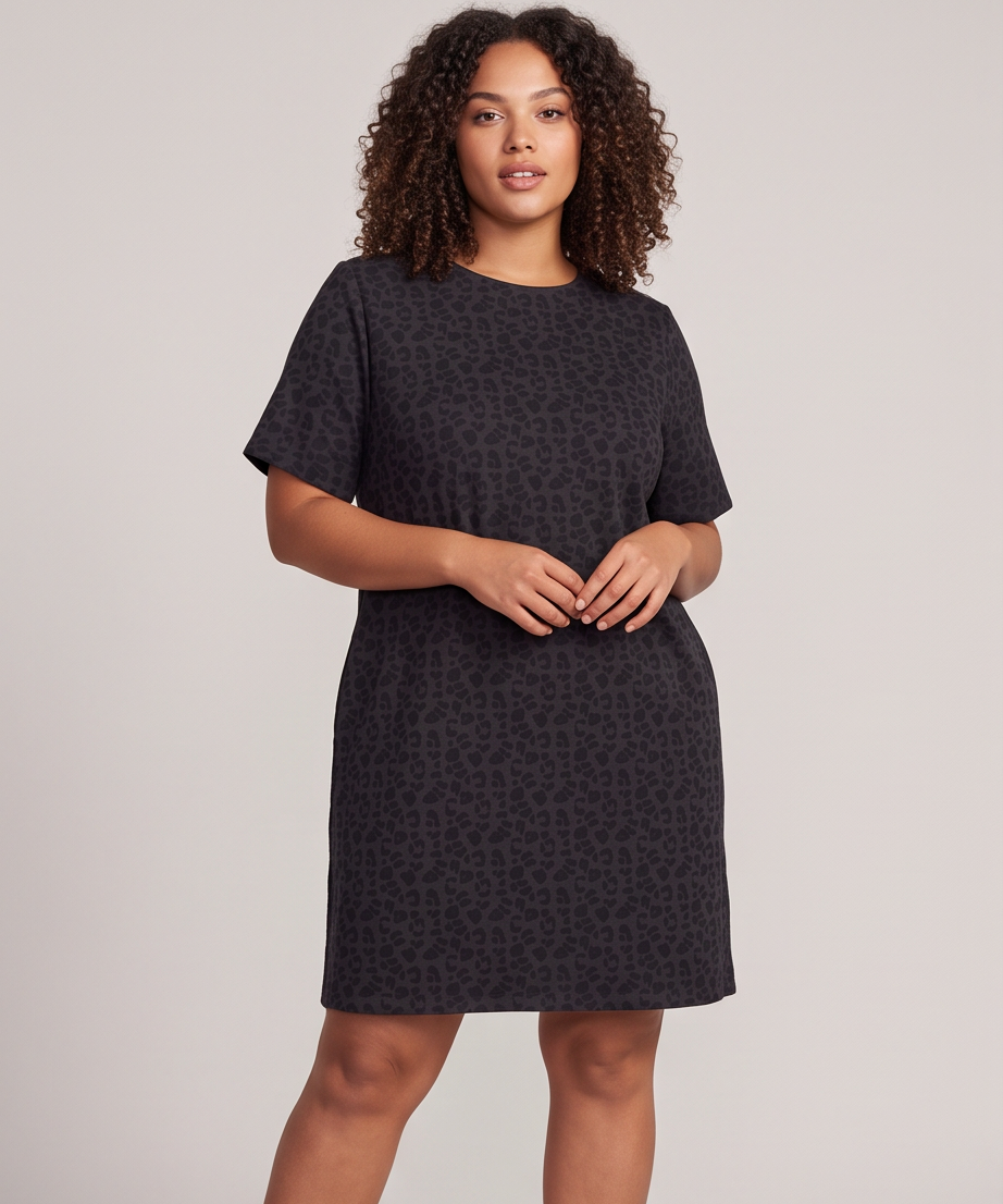 Plus Size Short Sleeve Animal Print Knit Dress with Pockets