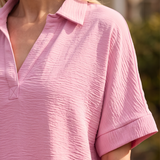 Bubblegum Pink Woven Airflow Collared V-Neck