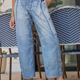 Illusion Faux Denim-like Printed Barrel Pants