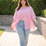 Curvy Oversized Striped Short Sleeve Button Up