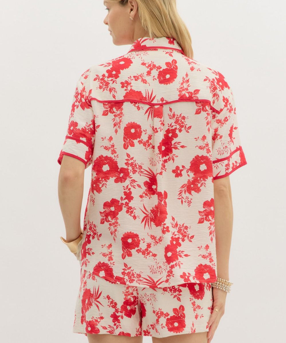 Red Floral Button Up Top