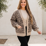 Leopard Jacquard Balloon Sleeve Open-Front Cardigan