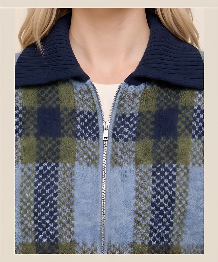 Check Jacquard Collared Zip-Up Sweater Jacket