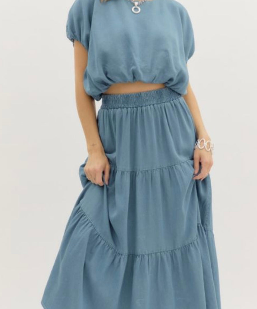 Denim tiered midi skirt