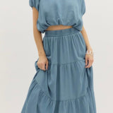 Denim tiered midi skirt