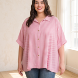 Curvy Oversized Striped Short Sleeve Button Up